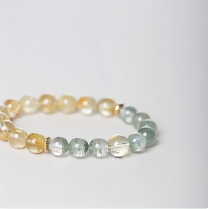 Little Fortune Seeker, Pure Natural Green Phantom with Golden Rutilated Quartz Single-Strand Bracelet, Original Design Wealth and Fortune Bead Bracelet