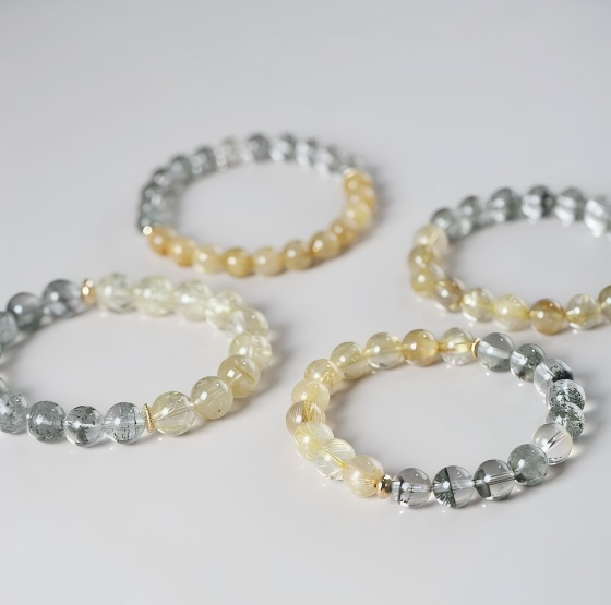 Little Fortune Seeker, Pure Natural Green Phantom with Golden Rutilated Quartz Single-Strand Bracelet, Original Design Wealth and Fortune Bead Bracelet