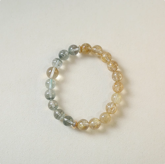 Little Fortune Seeker, Pure Natural Green Phantom with Golden Rutilated Quartz Single-Strand Bracelet, Original Design Wealth and Fortune Bead Bracelet