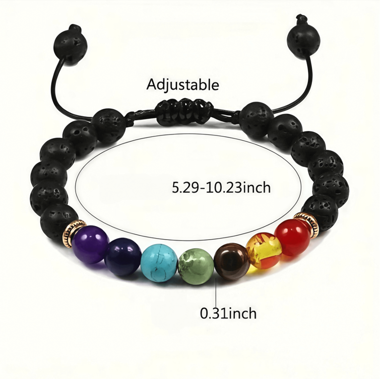Lava stone bracelet with adjustable knot, gemstone beads in vibrant colors, length 5.29-10.23 inches, bead size 0.31 inches.