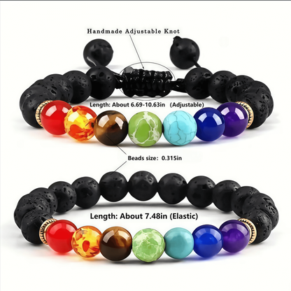 Lava stone bracelet with adjustable knot and multicolor gemstones, including red carnelian, turquoise, and amethyst. Bracelet length: 6.69-10.63 inches (adjustable), bead size: 0.315 inches.